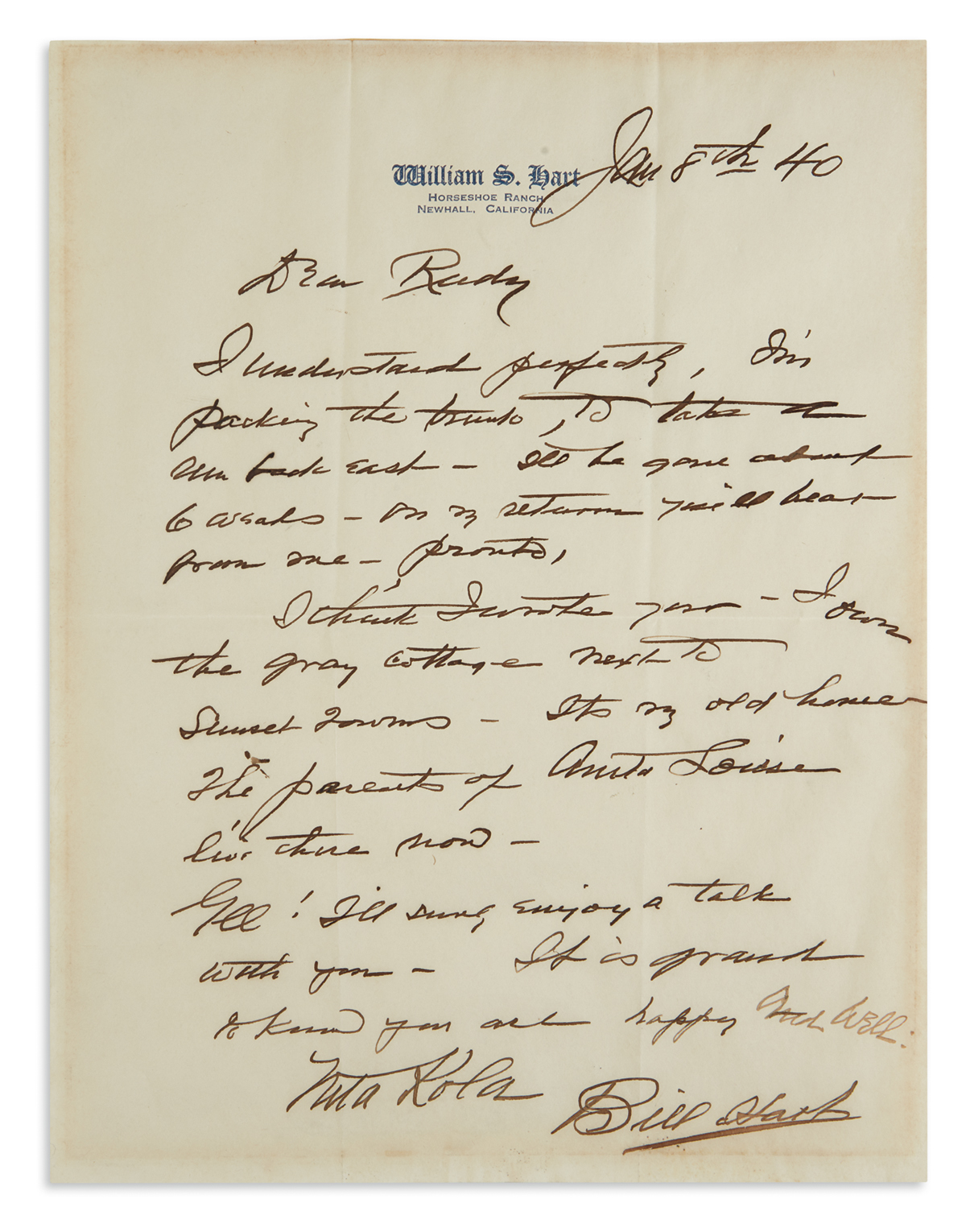 WILLIAM S. HART. Autograph Letter Signed, Nita Kola / Bill Hart, to Rudy Vallée (Dear Rudy), giving travel p...